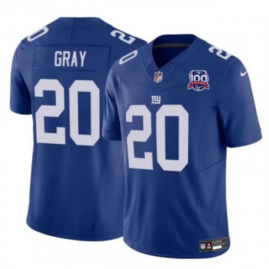 Men New York Giants 20 Eric Gray Blue 2024 F U S E 100TH Season Patch Vapor Untouchable Limited Stitched Jersey Men New York Giants 20 Eric Gray Blue 2024 F U S E 100TH Season Patch Vapor Untouchable Limited Stitched Jersey