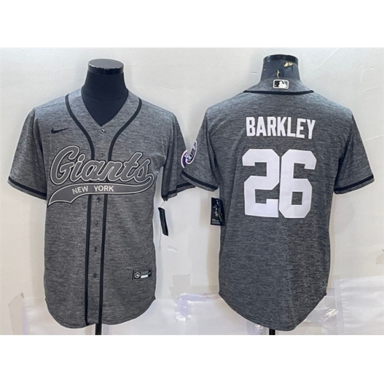 Men New York Giants 26 Saquon Barkley Grey With Patch Cool Base Stitched Baseball Jersey Men New York Giants 26 Saquon Barkley Grey With Patch Cool Base Stitched Baseball Jersey