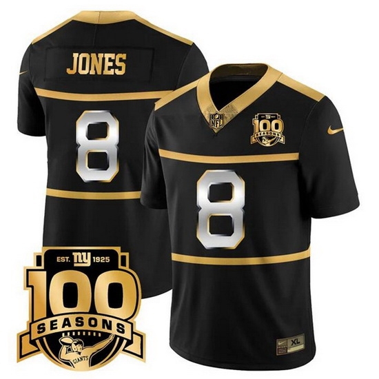 Men New York Giants 8 Daniel Jones Black Gold 100TH Season Commemorative Patch Limited Stitched Football Jersey Men New York Giants 8 Daniel Jones Black Gold 100TH Season Commemorative Patch Limited Stitched Football Jersey
