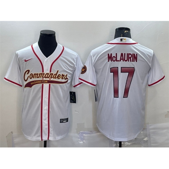 Men Washington Commanders 17 Terry McLaurin White With Patch Cool Base Stitched Baseball Jersey Men Washington Commanders 17 Terry McLaurin White With Patch Cool Base Stitched Baseball Jersey