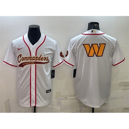 Men Washington Commanders White Team Big Logo With Patch Cool Base Stitched Baseball Jersey Men Washington Commanders White Team Big Logo With Patch Cool Base Stitched Baseball Jersey