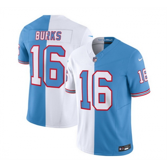 Men Tennessee Titans 16 Treylon Burks White Blue 2023 F U S E Split Vapor Limited Throwback Stitched Football Jersey Men Tennessee Titans 16 Treylon Burks White Blue 2023 F U S E Split Vapor Limited Throwback Stitched Football Jersey