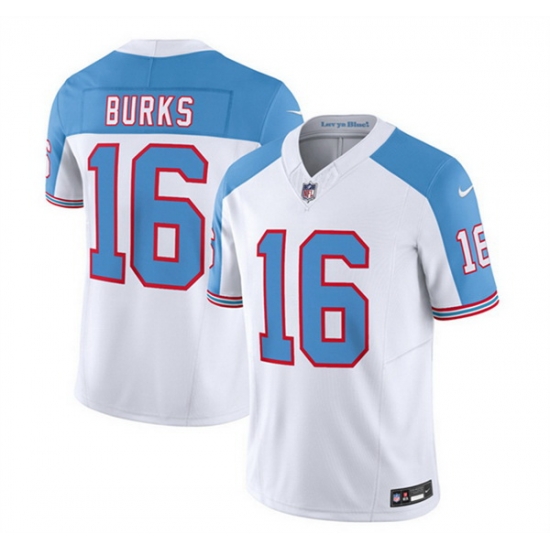 Men Tennessee Titans 16 Treylon Burks White Blue 2023 F U S E Vapor Limited Throwback Stitched Football Jersey Men Tennessee Titans 16 Treylon Burks White Blue 2023 F U S E Vapor Limited Throwback Stitched Football Jersey