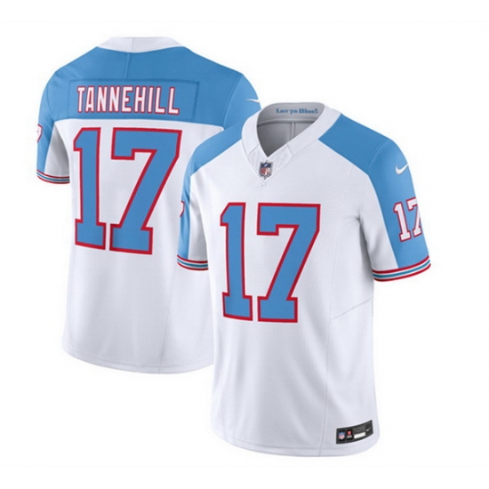 Men Tennessee Titans 17 Ryan Tannehill White Blue 2023 F U S E Vapor Limited Throwback Stitched Football Jersey Men Tennessee Titans 17 Ryan Tannehill White Blue 2023 F U S E Vapor Limited Throwback Stitched Football Jersey
