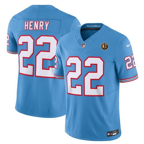 Men Tennessee Titans 22 Derrick Henry Blue 2023 F U S E Throwback With John Madden Patch Vapor Limited Stitched Football Jersey Men Tennessee Titans 22 Derrick Henry Blue 2023 F U S E Throwback With John Madden Patch Vapor Limited Stitched Football Jersey