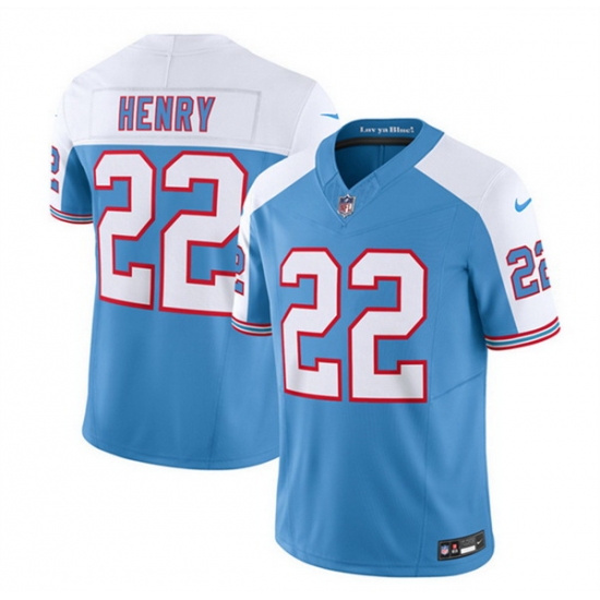 Men Tennessee Titans 22 Derrick Henry Blue White 2023 F U S E Vapor Limited Throwback Stitched Football Jersey Men Tennessee Titans 22 Derrick Henry Blue White 2023 F U S E Vapor Limited Throwback Stitched Football Jersey