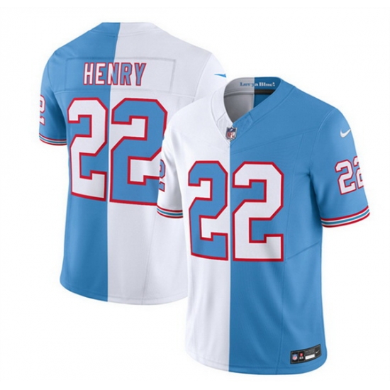 Men Tennessee Titans 22 Derrick Henry White Blue 2023 F U S E Split Vapor Limited Throwback Stitched Football Jersey Men Tennessee Titans 22 Derrick Henry White Blue 2023 F U S E Split Vapor Limited Throwback Stitched Football Jersey