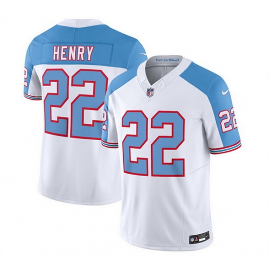 Men Tennessee Titans 22 Derrick Henry White Blue 2023 F U S E Vapor Limited Throwback Stitched Football Jersey Men Tennessee Titans 22 Derrick Henry White Blue 2023 F U S E Vapor Limited Throwback Stitched Football Jersey