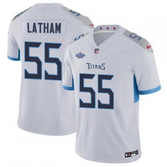 Men Tennessee Titans 55 JC Latham White 2024 F U S E With Draft Patch Vapor Limited Stitched Football Jersey Men Tennessee Titans 55 JC Latham White 2024 F U S E With Draft Patch Vapor Limited Stitched Football Jersey