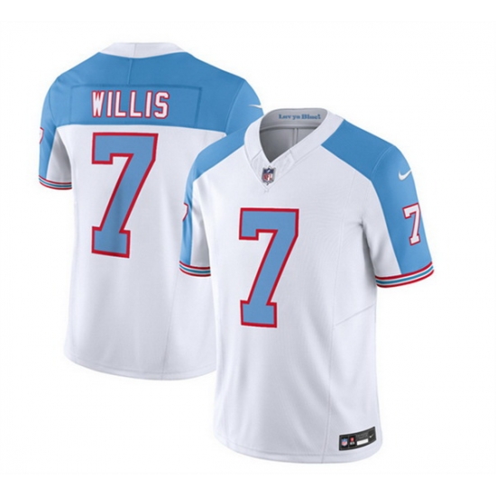 Men Tennessee Titans 7 Malik Willis White Blue 2023 F U S E Vapor Limited Throwback Stitched Football Jersey Men Tennessee Titans 7 Malik Willis White Blue 2023 F U S E Vapor Limited Throwback Stitched Football Jersey