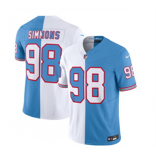 Men Tennessee Titans 98 Jeffery Simmons White Blue 2023 F U S E Split Vapor Limited Throwback Stitched Football Jersey Men Tennessee Titans 98 Jeffery Simmons White Blue 2023 F U S E Split Vapor Limited Throwback Stitched Football Jersey