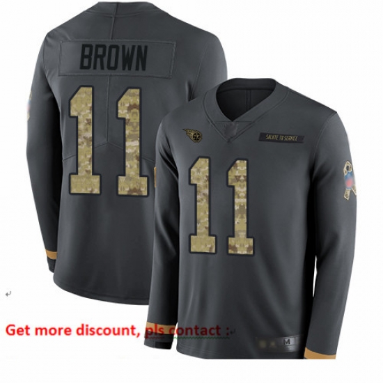Titans 11 A J Brown Anthracite Salute to Service Youth Stitched Football Limited Therma Long Sleeve Jersey Titans 11 A J Brown Anthracite Salute to Service Youth Stitched Football Limited Therma Long Sleeve Jersey