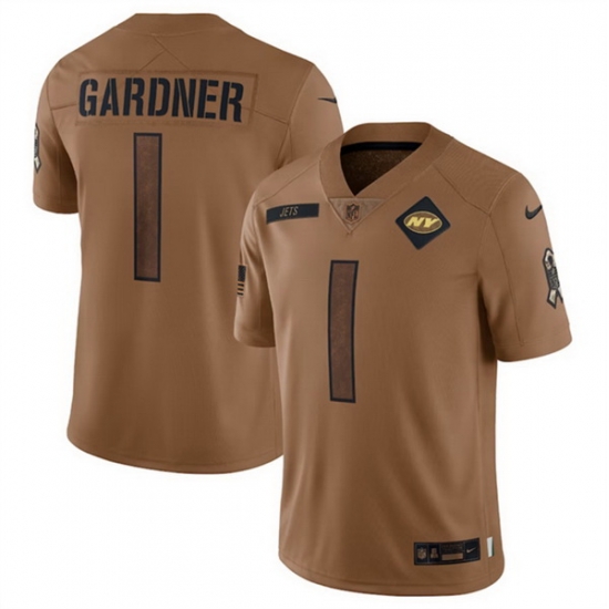 Men New York Jets 1 Sauce Gardner 2023 Brown Salute To Service Limited Stitched Football Jersey Men New York Jets 1 Sauce Gardner 2023 Brown Salute To Service Limited Stitched Football Jersey