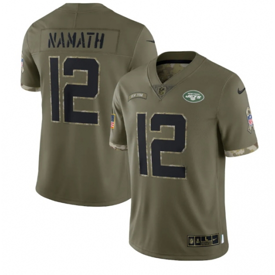 Men New York Jets 12 Joe Namath Olive 2022 Salute To Service Limited Stitched Jersey Men New York Jets 12 Joe Namath Olive 2022 Salute To Service Limited Stitched Jersey