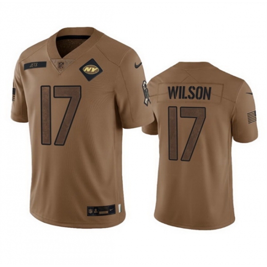 Men New York Jets 17 Garrett Wilson 2023 Brown Salute To Service Limited Stitched Football Jersey Men New York Jets 17 Garrett Wilson 2023 Brown Salute To Service Limited Stitched Football Jersey