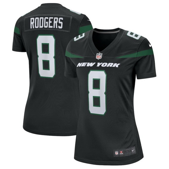 Women New York Jets 8 Aaron Rodgers Black Stitched Game Football Jersey Women New York Jets 8 Aaron Rodgers Black Stitched Game Football Jersey