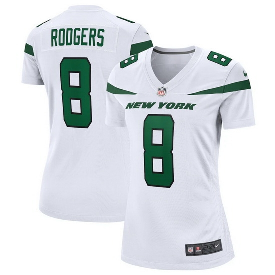 Women New York Jets 8 Aaron Rodgers White Stitched Game Football Jersey Women New York Jets 8 Aaron Rodgers White Stitched Game Football Jersey
