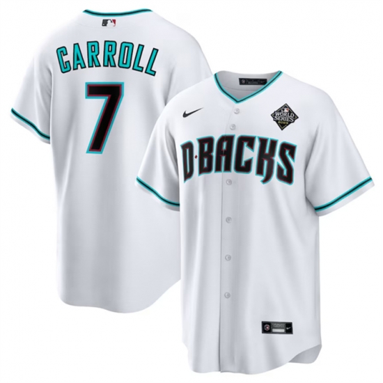 Men Arizona Diamondbacks 7 Corbin Carroll White 2023 World Series Cool Base Stitched Baseball Jersey Men Arizona Diamondbacks 7 Corbin Carroll White 2023 World Series Cool Base Stitched Baseball Jersey