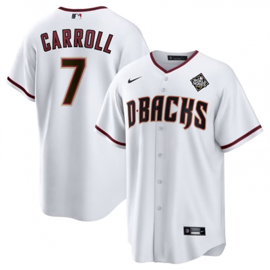 Men Arizona Diamondbacks 7 Corbin Carroll White 2023 World Series Home Cool Base Stitched Baseball Jersey Men Arizona Diamondbacks 7 Corbin Carroll White 2023 World Series Home Cool Base Stitched Baseball Jersey