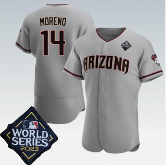 Men's Arizona Diamondbacks #14 Gabriel Moreno Jersey Gray 2023 World Series Flex Base Jersey Men's Arizona Diamondbacks #14 Gabriel Moreno Jersey Gray 2023 World Series Flex Base Jersey
