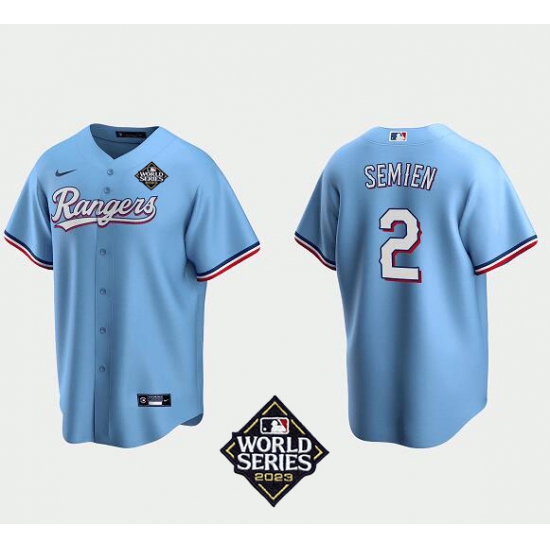 Men's Texas Rangers #2 Marcus Semien Light Blue Cool Base 2023 World Series Patch Stitched Baseball Jersey Men's Texas Rangers #2 Marcus Semien Light Blue Cool Base 2023 World Series Patch Stitched Baseball Jersey