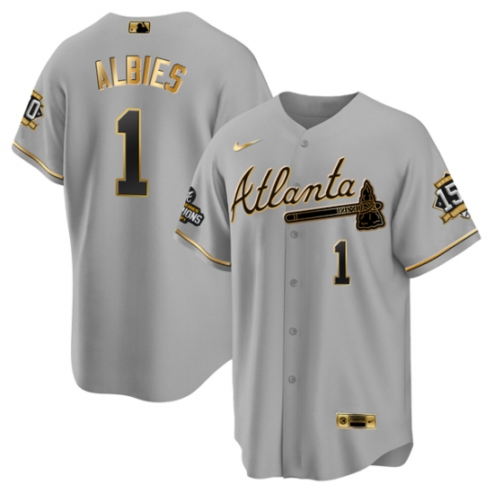 Men Atlanta Braves 1 Ozzie Albies 2021 Grey Gold World Series Champions With 150th Anniversary Patch Cool Base Stitched Jersey Men Atlanta Braves 1 Ozzie Albies 2021 Grey Gold World Series Champions With 150th Anniversary Patch Cool Base Stitched Jersey