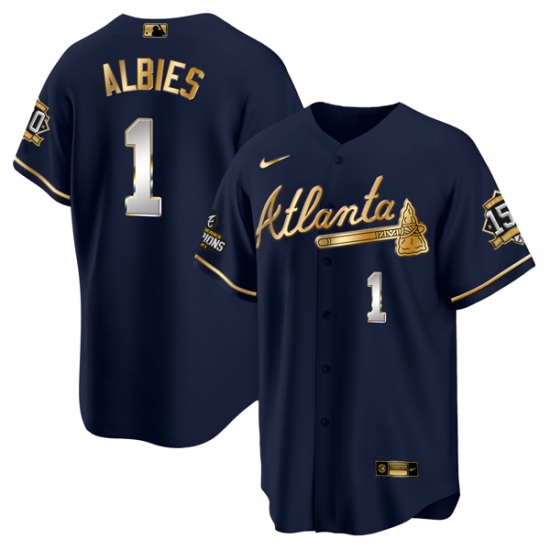 Men Atlanta Braves 1 Ozzie Albies 2021 Navy Gold World Series Champions With 150th Anniversary Patch Cool Base Stitched Jersey Men Atlanta Braves 1 Ozzie Albies 2021 Navy Gold World Series Champions With 150th Anniversary Patch Cool Base Stitched Jersey