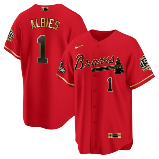Men Atlanta Braves 1 Ozzie Albies 2021 Red Gold World Series Champions With 150th Anniversary Patch Cool Base Stitched Jersey Men Atlanta Braves 1 Ozzie Albies 2021 Red Gold World Series Champions With 150th Anniversary Patch Cool Base Stitched Jersey