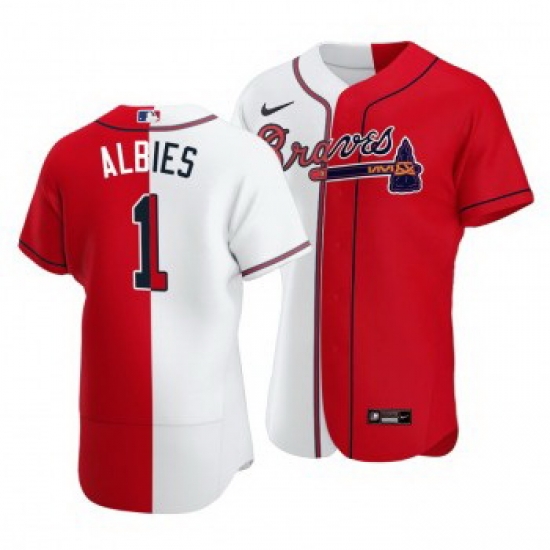 Men Atlanta Braves 1 Ozzie Albies Split White Red Two Tone Jersey Men Atlanta Braves 1 Ozzie Albies Split White Red Two Tone Jersey