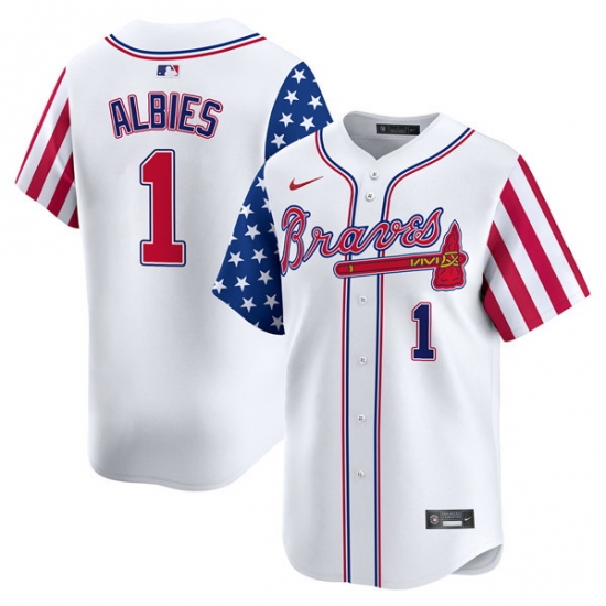 Men Atlanta Braves 1 Ozzie Albies White 2024 Independence Day Vapor Limited Stitched Baseball Jersey Men Atlanta Braves 1 Ozzie Albies White 2024 Independence Day Vapor Limited Stitched Baseball Jersey