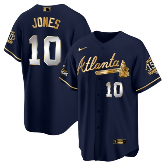 Men Atlanta Braves 10 Chipper Jones 2021 Navy Gold World Series Champions With 150th Anniversary Patch Cool Base Stitched Jersey Men Atlanta Braves 10 Chipper Jones 2021 Navy Gold World Series Champions With 150th Anniversary Patch Cool Base Stitched Jersey