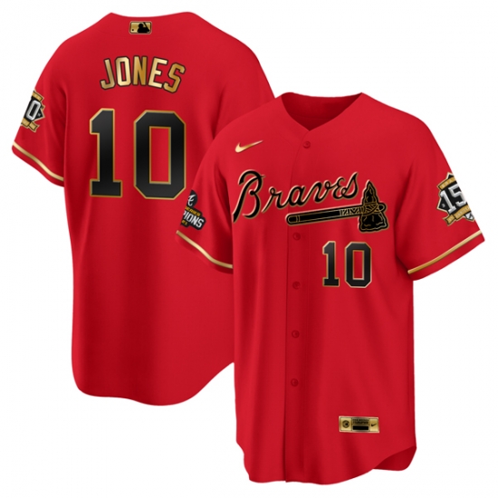Men Atlanta Braves 10 Chipper Jones 2021 Red Gold World Series Champions With 150th Anniversary Patch Cool Base Stitched Jersey Men Atlanta Braves 10 Chipper Jones 2021 Red Gold World Series Champions With 150th Anniversary Patch Cool Base Stitched Jersey