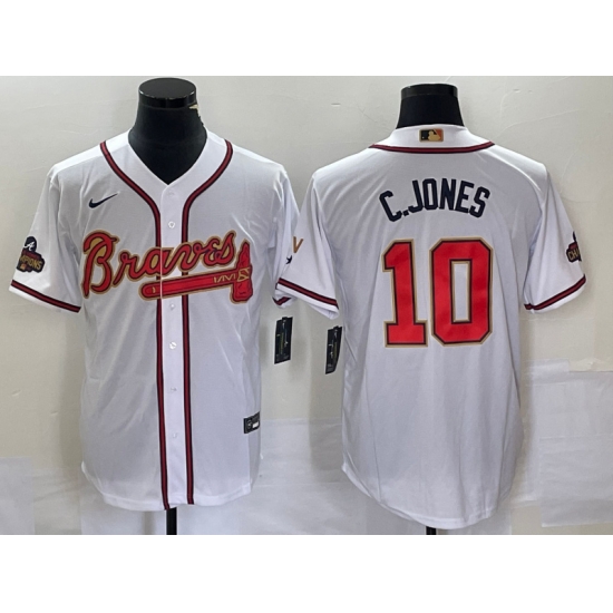 Men Atlanta Braves 10 Chipper Jones 2022 White Gold World Series Champions Program Cool Base Stitched Baseball Jersey Men Atlanta Braves 10 Chipper Jones 2022 White Gold World Series Champions Program Cool Base Stitched Baseball Jersey