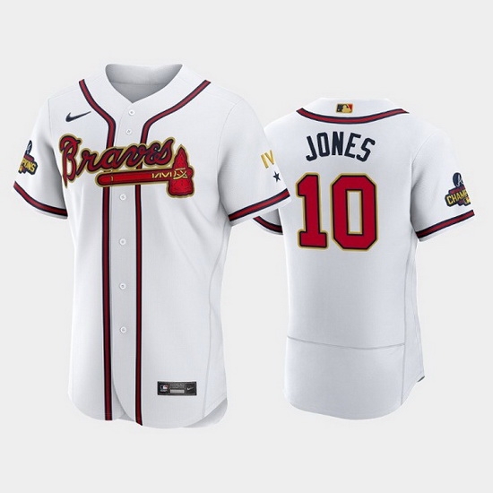 Men Atlanta Braves 10 Chipper Jones 2022 White Gold World Series Champions Program Flex Base Stitched Baseball jersey Men Atlanta Braves 10 Chipper Jones 2022 White Gold World Series Champions Program Flex Base Stitched Baseball jersey