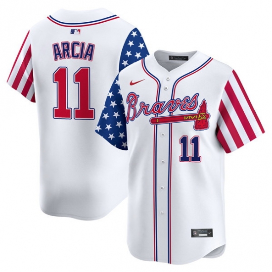Men Atlanta Braves 11 Orlando Arcia White 2024 Independence Day Vapor Limited Stitched Baseball Jersey Men Atlanta Braves 11 Orlando Arcia White 2024 Independence Day Vapor Limited Stitched Baseball Jersey
