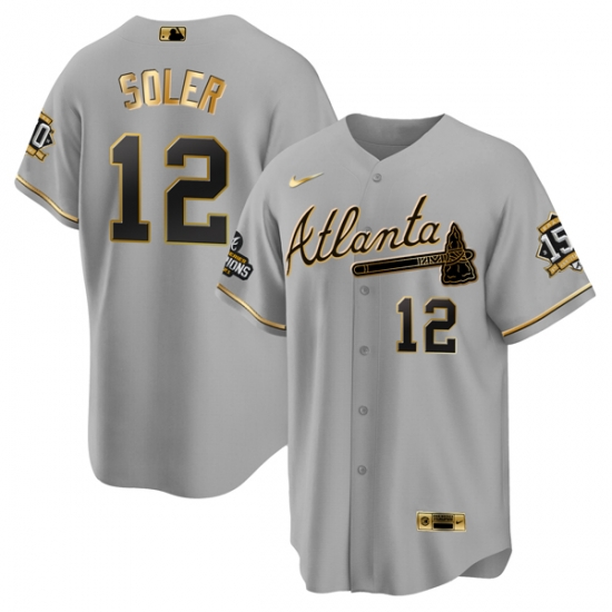 Men Atlanta Braves 12 Jorge Soler 2021 Grey Gold World Series Champions With 150th Anniversary Patch Cool Base Stitched Jersey Men Atlanta Braves 12 Jorge Soler 2021 Grey Gold World Series Champions With 150th Anniversary Patch Cool Base Stitched Jersey