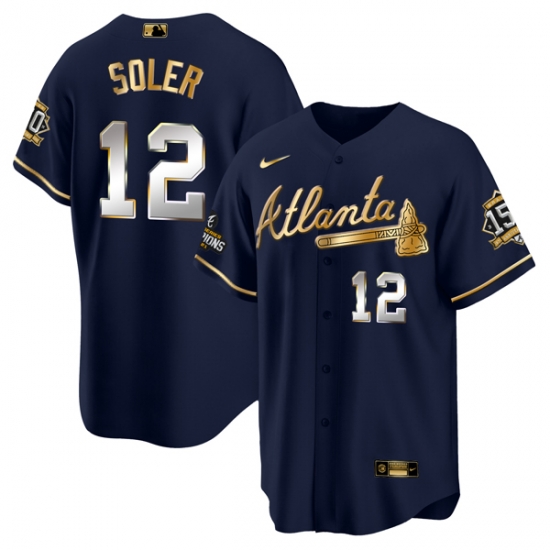 Men Atlanta Braves 12 Jorge Soler 2021 Navy Gold World Series Champions With 150th Anniversary Patch Cool Base Stitched Jersey Men Atlanta Braves 12 Jorge Soler 2021 Navy Gold World Series Champions With 150th Anniversary Patch Cool Base Stitched Jersey