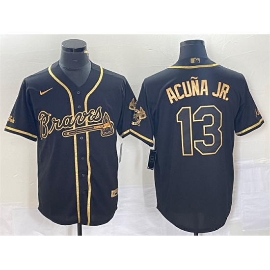 Men Atlanta Braves 13 Ronald Acu F1a Jr Black Gold Cool Base Stitched Baseball Jersey Men Atlanta Braves 13 Ronald Acu F1a Jr Black Gold Cool Base Stitched Baseball Jersey