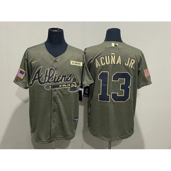 Men Atlanta Braves 13 Ronald Acuna Jr 2021 Camo Salute To Service Cool Base Stitched Jersey Men Atlanta Braves 13 Ronald Acuna Jr 2021 Camo Salute To Service Cool Base Stitched Jersey