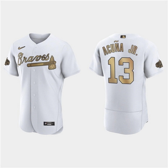 Men Atlanta Braves 13 Ronald Acuna Jr 2022 All Star White Flex Base Stitched Baseball Jersey Men Atlanta Braves 13 Ronald Acuna Jr 2022 All Star White Flex Base Stitched Baseball Jersey