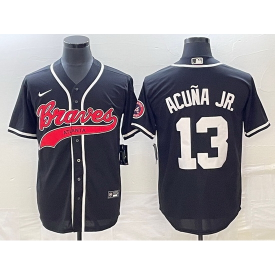 Men Atlanta Braves 13 Ronald Acuna Jr Black Cool Base Stitched Baseball Jersey Men Atlanta Braves 13 Ronald Acuna Jr Black Cool Base Stitched Baseball Jersey