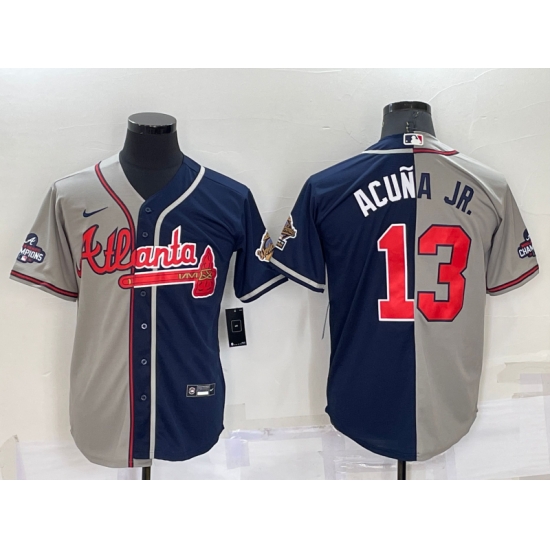 Men Atlanta Braves 13 Ronald Acuna Jr Gray Navy Two Tone Split Cool Base Stitched Baseball Jersey Men Atlanta Braves 13 Ronald Acuna Jr Gray Navy Two Tone Split Cool Base Stitched Baseball Jersey