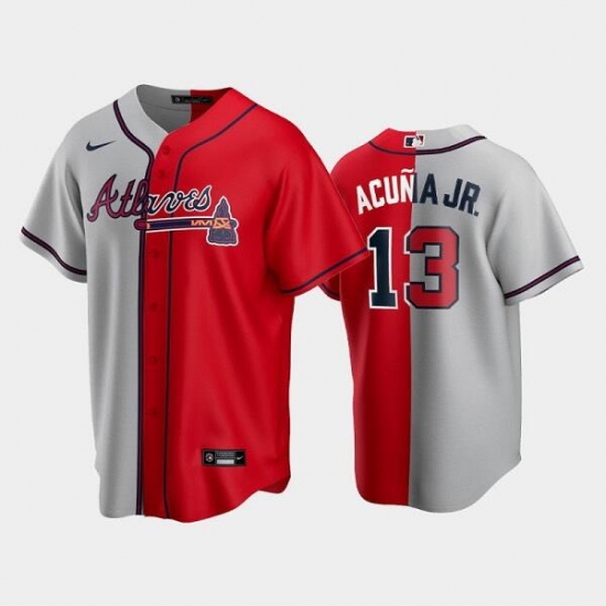 Men Atlanta Braves 13 Ronald Acuna Jr Gray Red Split Cool Base Stitched Baseball Jersey Men Atlanta Braves 13 Ronald Acuna Jr Gray Red Split Cool Base Stitched Baseball Jersey