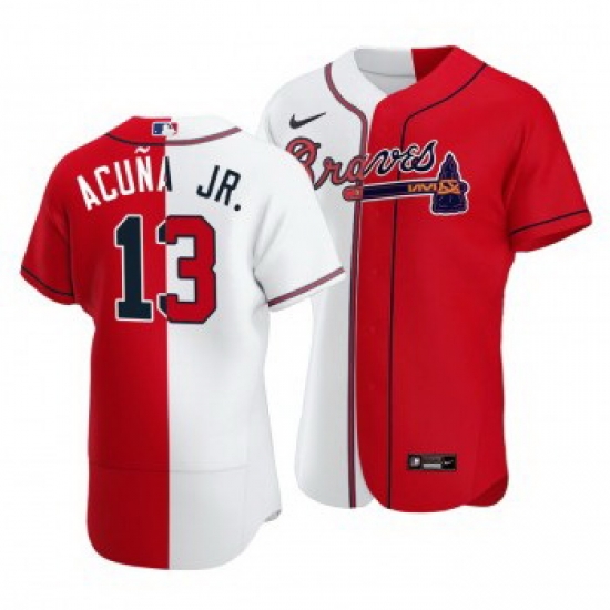 Men Atlanta Braves 13 Ronald Acuna Jr Split White Red Two Tone Jersey Men Atlanta Braves 13 Ronald Acuna Jr Split White Red Two Tone Jersey