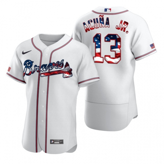 Men Atlanta Braves 13 Ronald Acuna Jr White USA Flag Fashion Nike Cool Base Jersey Men Atlanta Braves 13 Ronald Acuna Jr White USA Flag Fashion Nike Cool Base Jersey