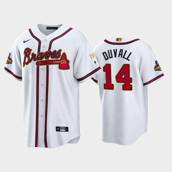 Men Atlanta Braves 14 Adam Duvall 2022 White Gold World Series Champions Program Cool Base Stitched Baseball Jerse Men Atlanta Braves 14 Adam Duvall 2022 White Gold World Series Champions Program Cool Base Stitched Baseball Jerse