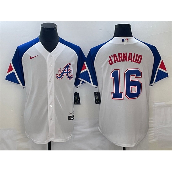 Men Atlanta Braves 16 Travis D 27Arnaud White 2023 City Connect Cool Base Stitched Baseball Jersey Men Atlanta Braves 16 Travis D 27Arnaud White 2023 City Connect Cool Base Stitched Baseball Jersey