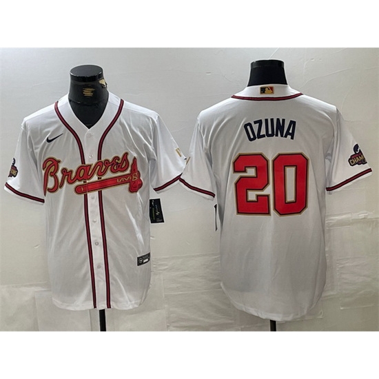 Men Atlanta Braves 20 Marcell Ozuna White Gold World Series Champions Cool Base Stitched Baseball Jersey Men Atlanta Braves 20 Marcell Ozuna White Gold World Series Champions Cool Base Stitched Baseball Jersey