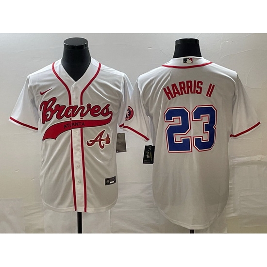 Men Atlanta Braves 23 Michael Harris II White Cool Base With Patch Stitched Baseball Jersey Men Atlanta Braves 23 Michael Harris II White Cool Base With Patch Stitched Baseball Jersey