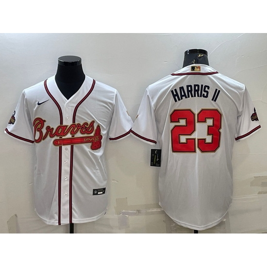 Men Atlanta Braves 23 Michael Harris II White Gold World Series Champions Program Cool Base Stitched Baseball Jersey Men Atlanta Braves 23 Michael Harris II White Gold World Series Champions Program Cool Base Stitched Baseball Jersey